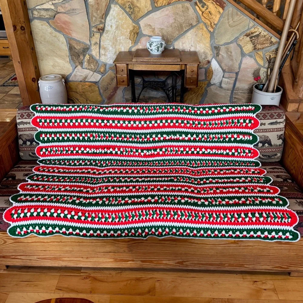 Hand-Crocheted Holiday Scalloped Edge Afghan Blanket Throw (62” x 54”)